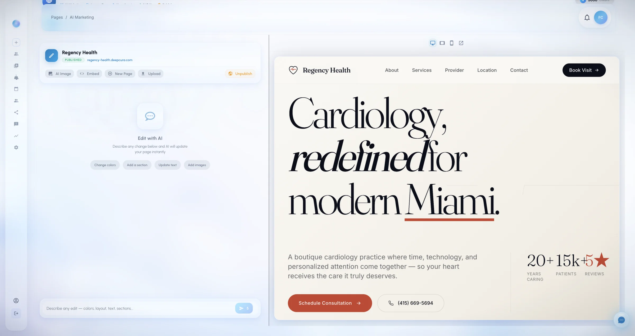 DeepCura AI Marketing builder — left panel with chat-based editing controls, right panel showing a generated cardiology practice website with editorial typography, services, and call-to-action buttons