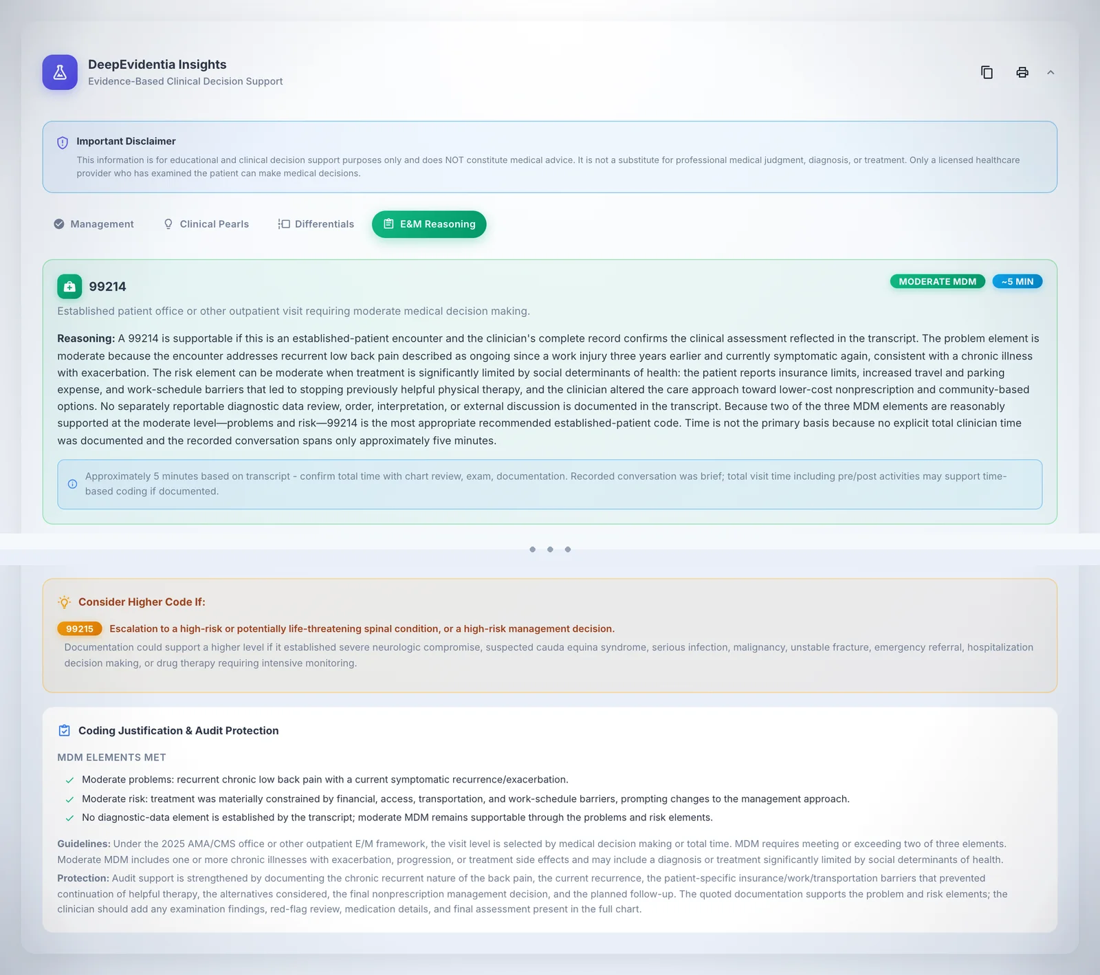 The DeepEvidentia E&M reasoning card on a DeepCura note, excerpted: 99214 proposed at moderate MDM with the reasoning spelled out, a check for when 99215 would apply, and the MDM elements met. The visit is a made-up test patient.