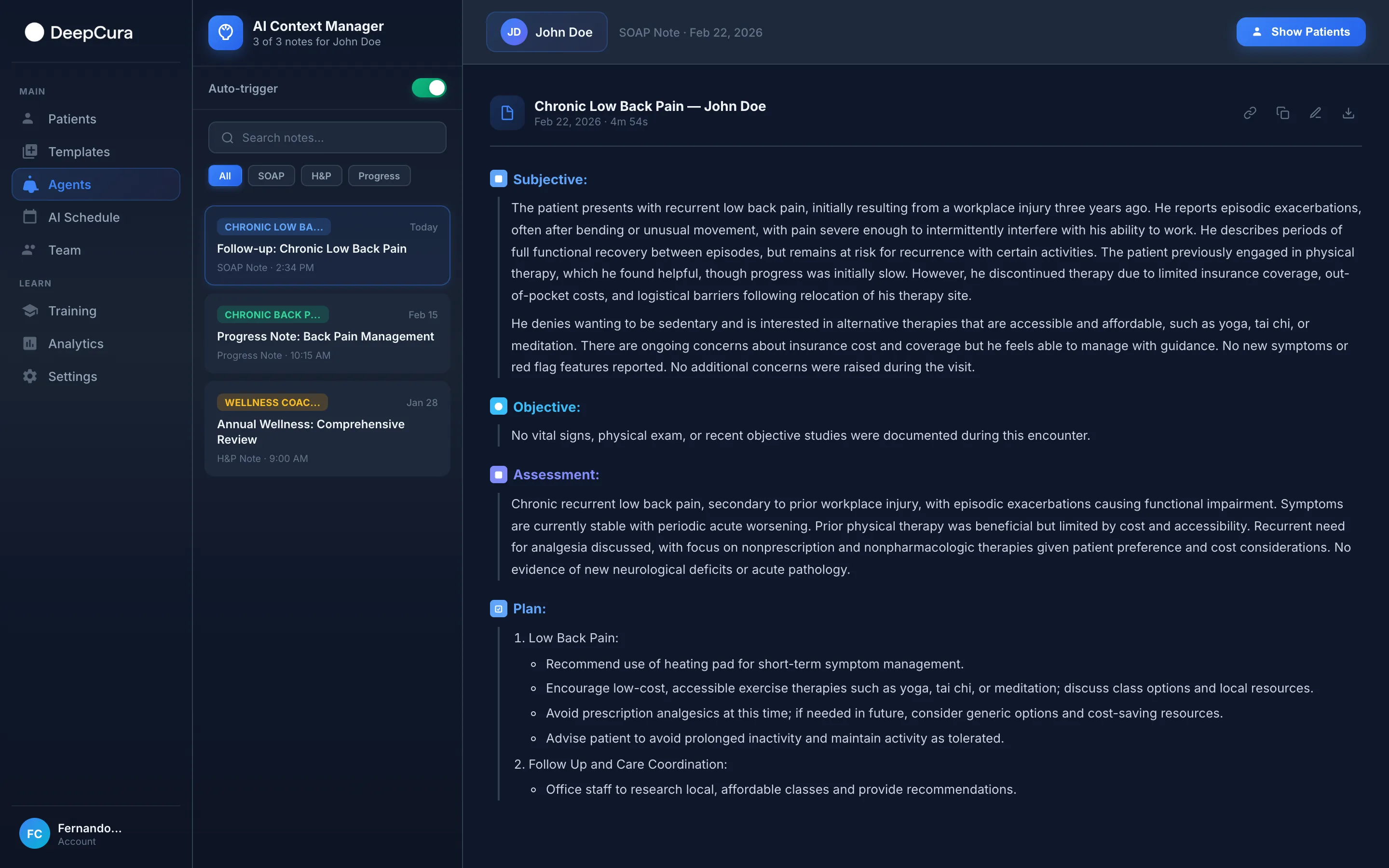 DeepCura AI medical scribe dark mode interface showing SOAP note generation