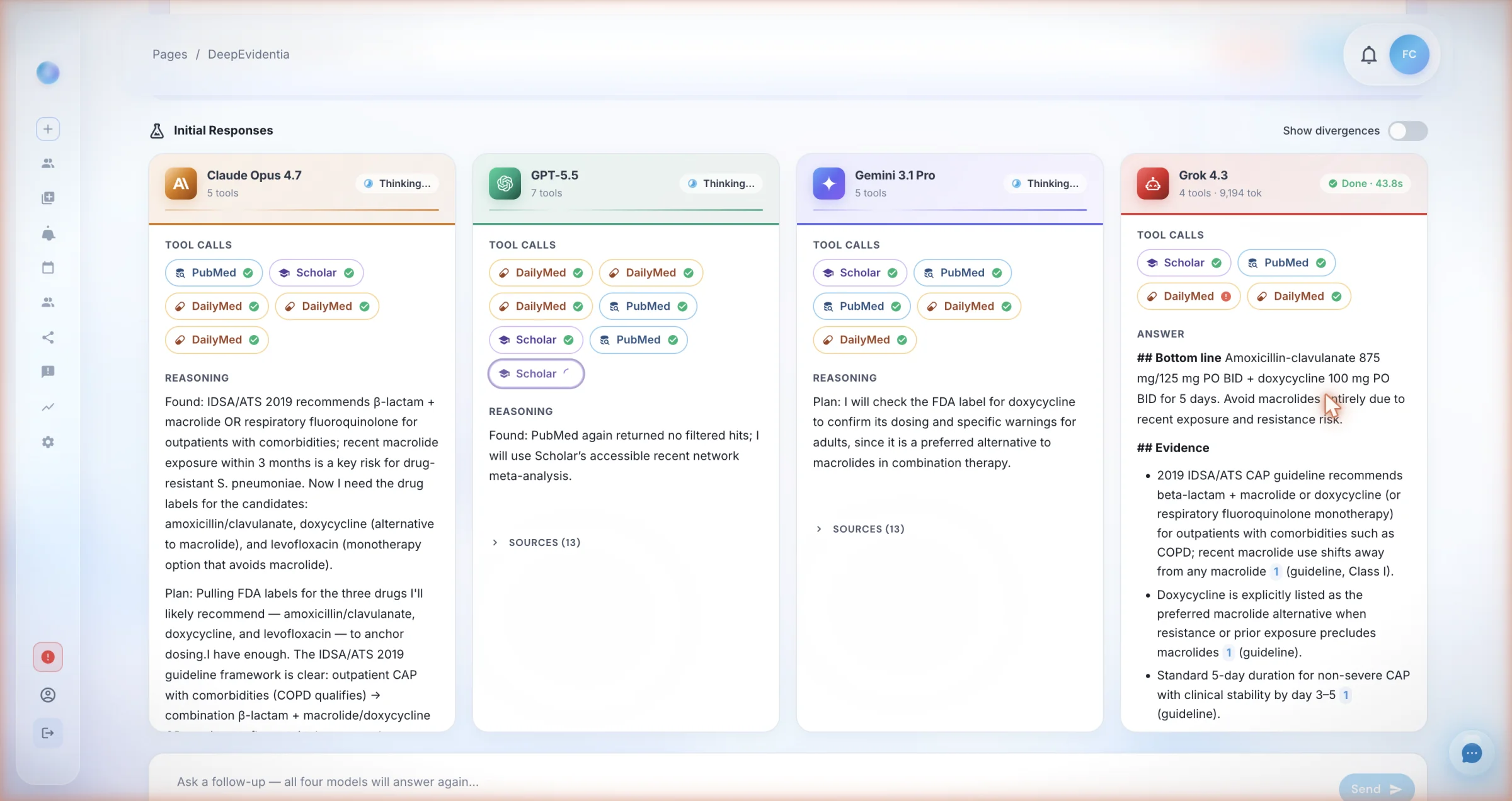 DeepEvidentia Clinical Battle Royale interface — Claude Opus 4.7, GPT-5.5, Gemini 3.1 Pro, and Grok 4 answering the same clinical question side-by-side with PubMed, Scholar, and DailyMed tool calls and structured Bottom-line answers