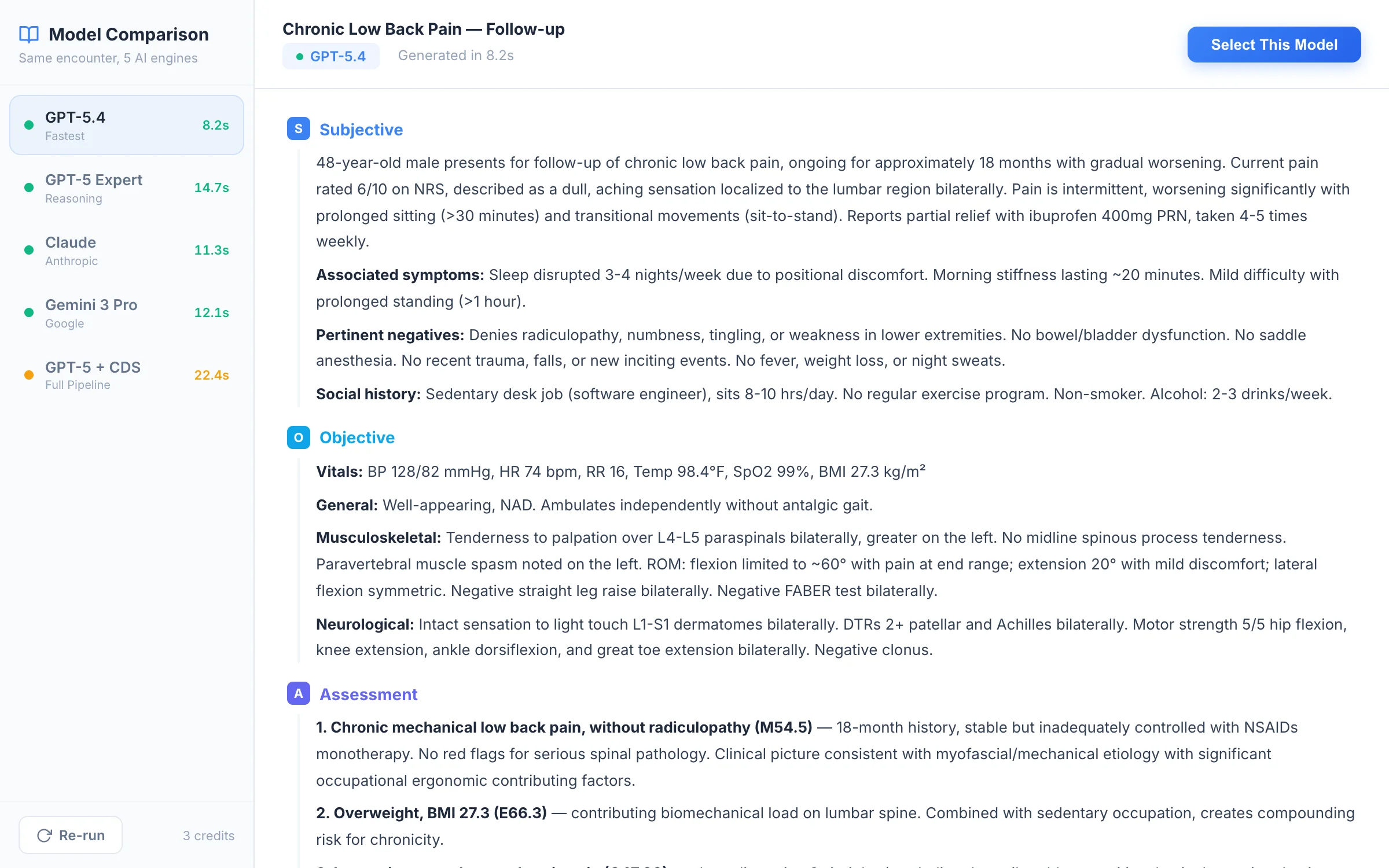 DeepCura AI Scribe model comparison panel showing GPT-5.4, Claude, and Gemini generating the same SOAP note side-by-side with completion times
