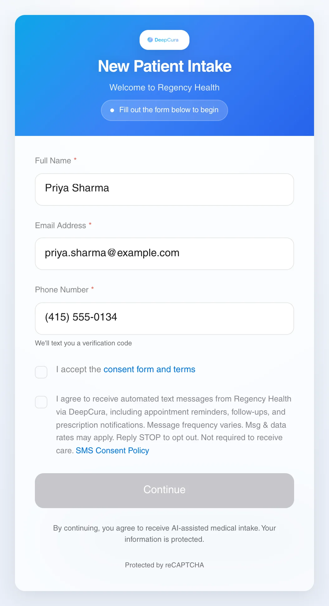 A DeepCura AI Nurse intake link as the patient sees it on their phone, shown with a made-up practice: name, email and a phone number that receives a verification code, then the consent form and SMS consent before the visit