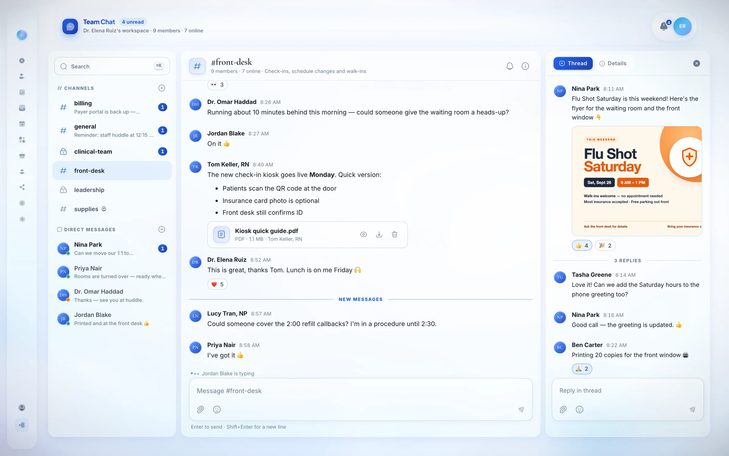 DeepCura Team Chat, shown with a made-up practice &mdash; channels and direct messages with unread counts, a #front-desk conversation with a checklist, a PDF attachment and emoji reactions, and a thread on a Flu Shot Saturday flyer