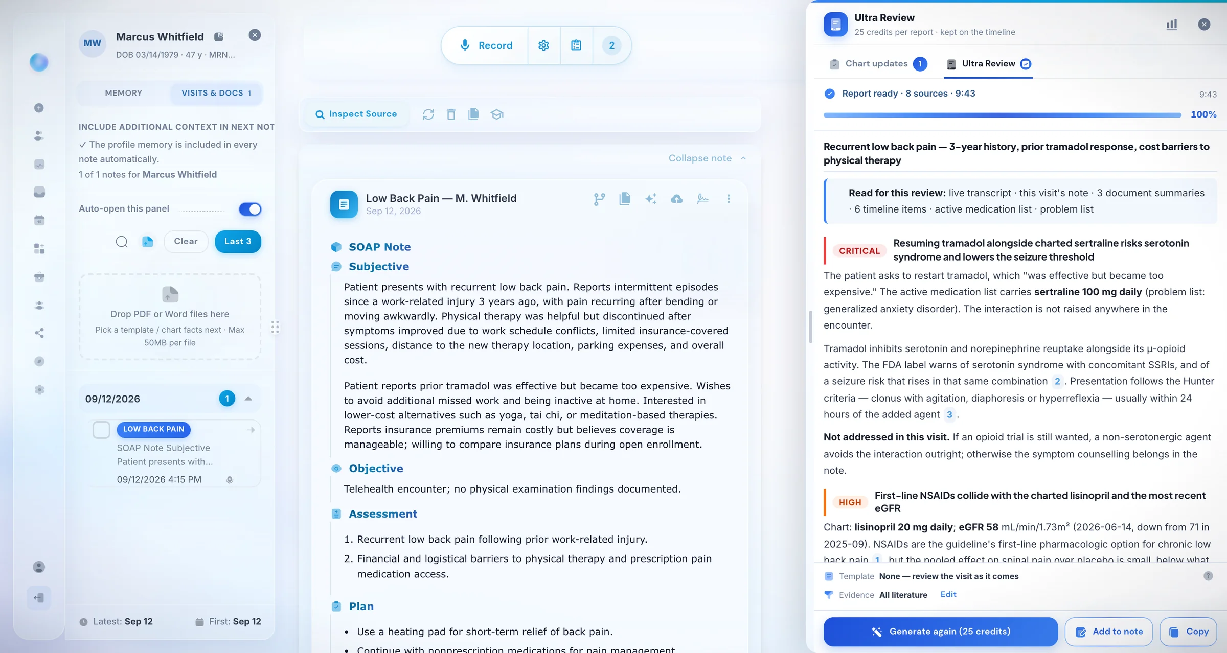 DeepCura Ultra Review open beside a visit note &mdash; a sample report filing findings by risk tier (Critical, High) with inline citations to peer-reviewed literature, FDA DailyMed labels and clinical guidelines, and one-click Add to note