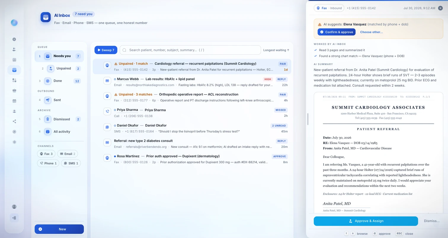 DeepCura AI Inbox — unified fax, email, phone, and SMS work queue with an AI agent that proposes bulk actions, plus AI summaries, patient chart matching, AI-drafted replies, and one-click approval
