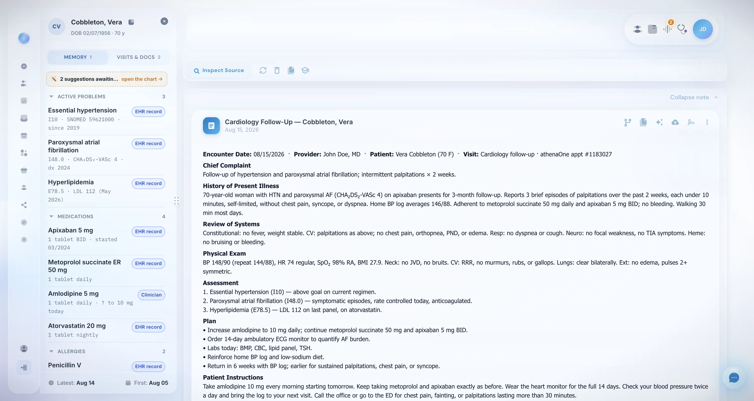 DeepCura chart page during an athenahealth visit — ambient transcript, structured SOAP note, and the athenaOne write-back panel
