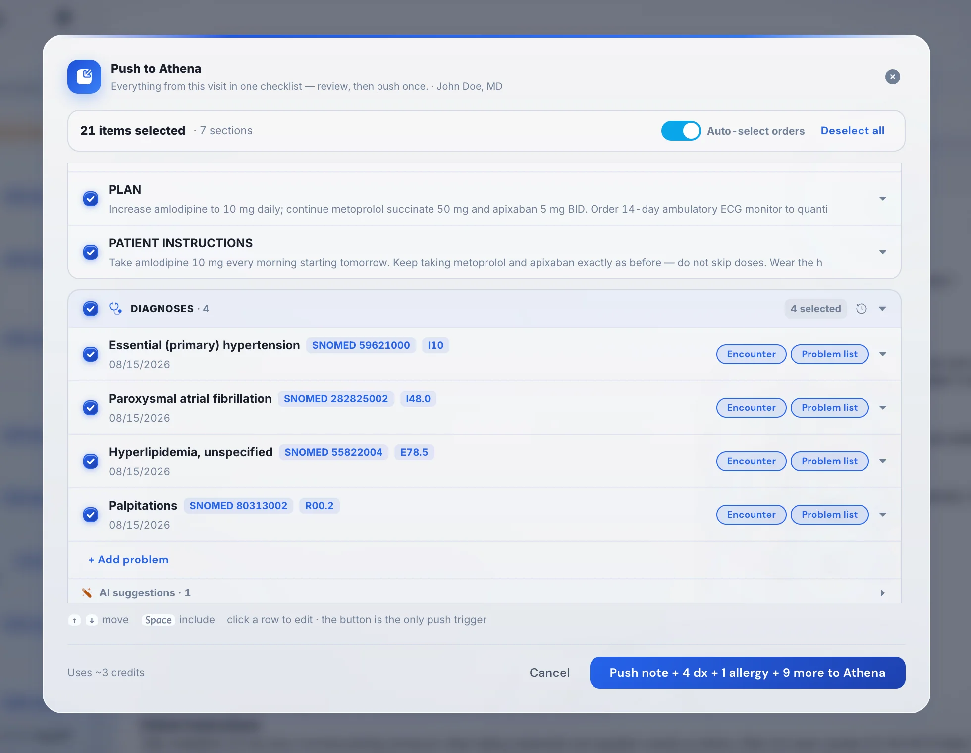 DeepCura Push to Athena checklist — SOAP note sections and SNOMED + ICD-10 coded diagnoses with Encounter and Problem list targets, staged for one-click write-back into athenaOne