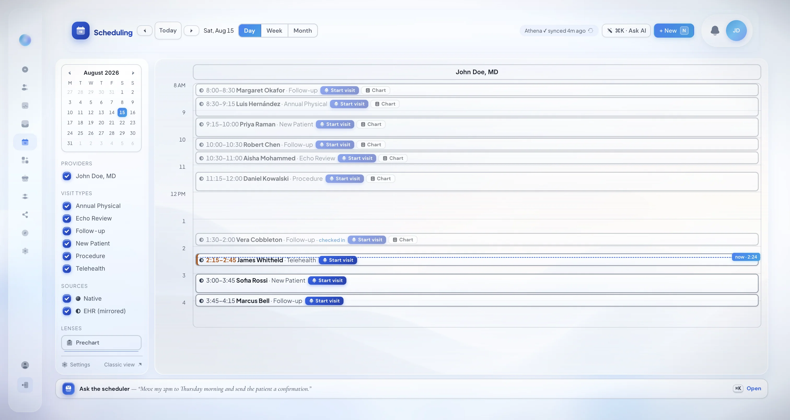 DeepCura scheduling workspace showing an athenahealth appointment book mirrored onto one calendar with Start visit buttons and the athenahealth sync chip