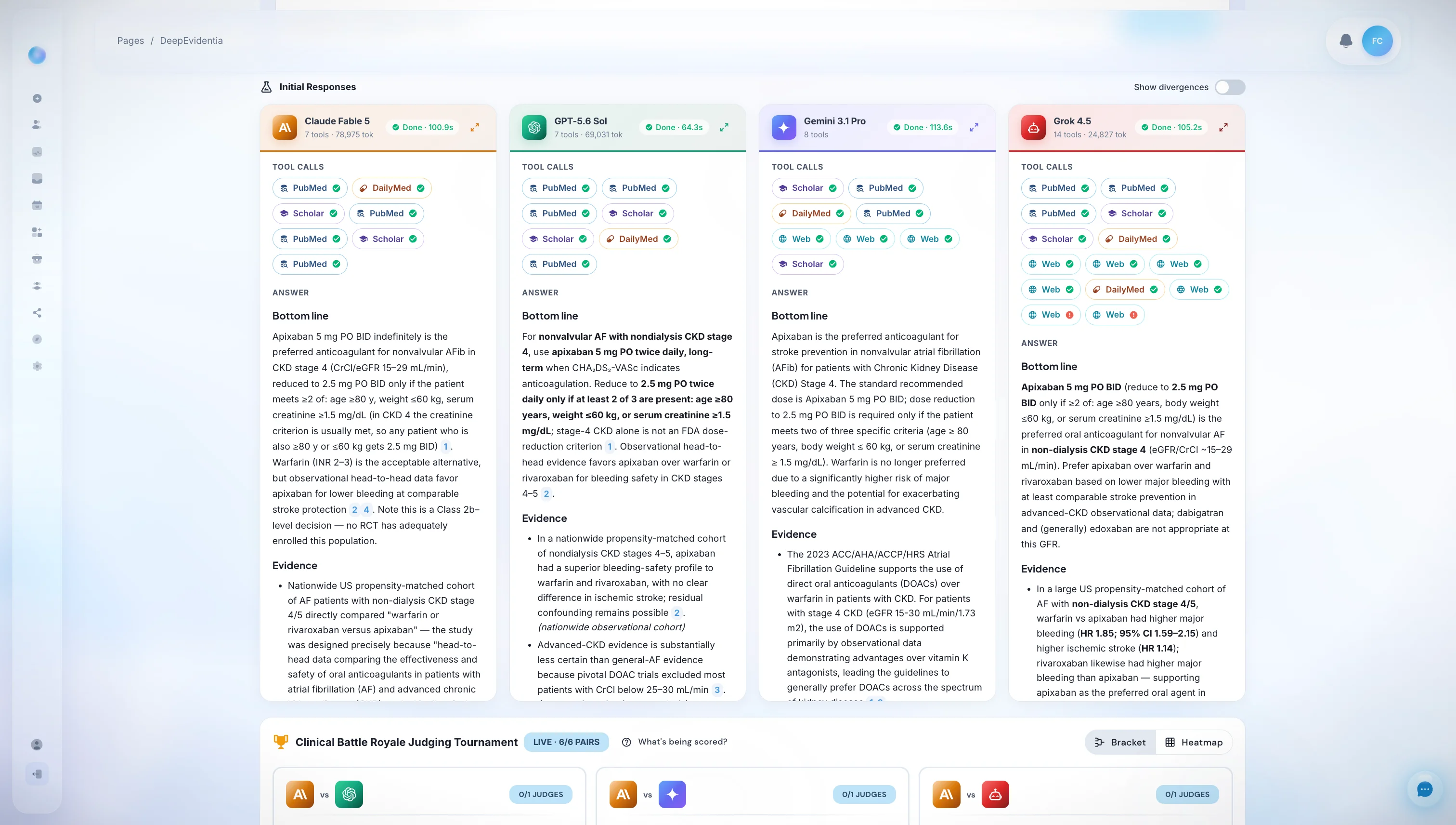 Clinical Battle Royale running Claude Fable 5, GPT-5.6 Sol, Gemini 3.1 Pro, and Grok 4.5 in parallel on an anticoagulation question in CKD stage 4 — each column showing its own PubMed, Google Scholar, DailyMed, and web tool calls, token count, completion time, and a structured Bottom line answer, with the judging tournament starting underneath