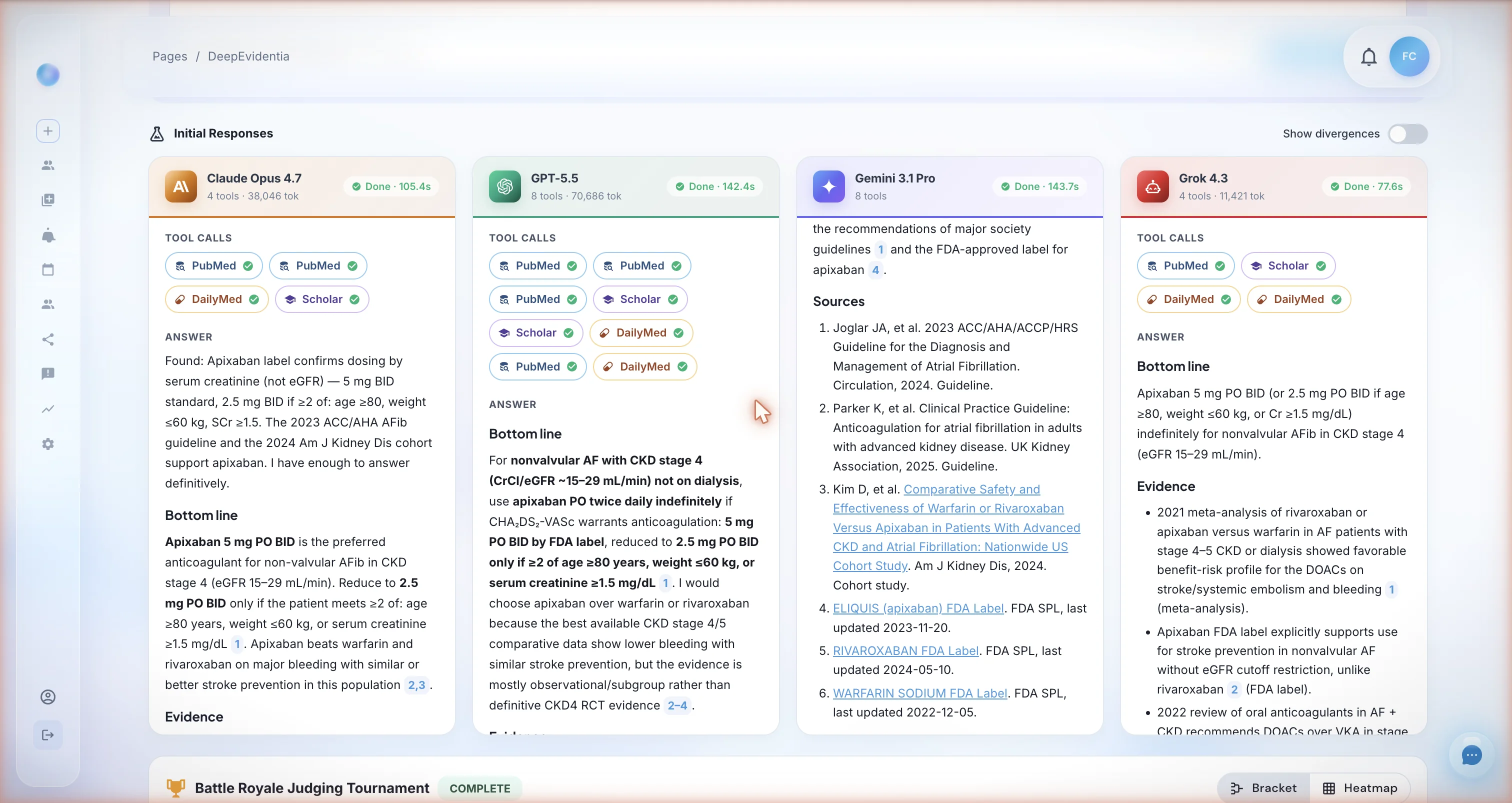 Clinical Battle Royale interface showing Claude Opus 4.7, GPT-5.5, Gemini 3 Pro, and Grok 4 Fast answering the same clinical question side-by-side, each with their PubMed, Google Scholar, and DailyMed tool calls visible above the Bottom-line answer panels
