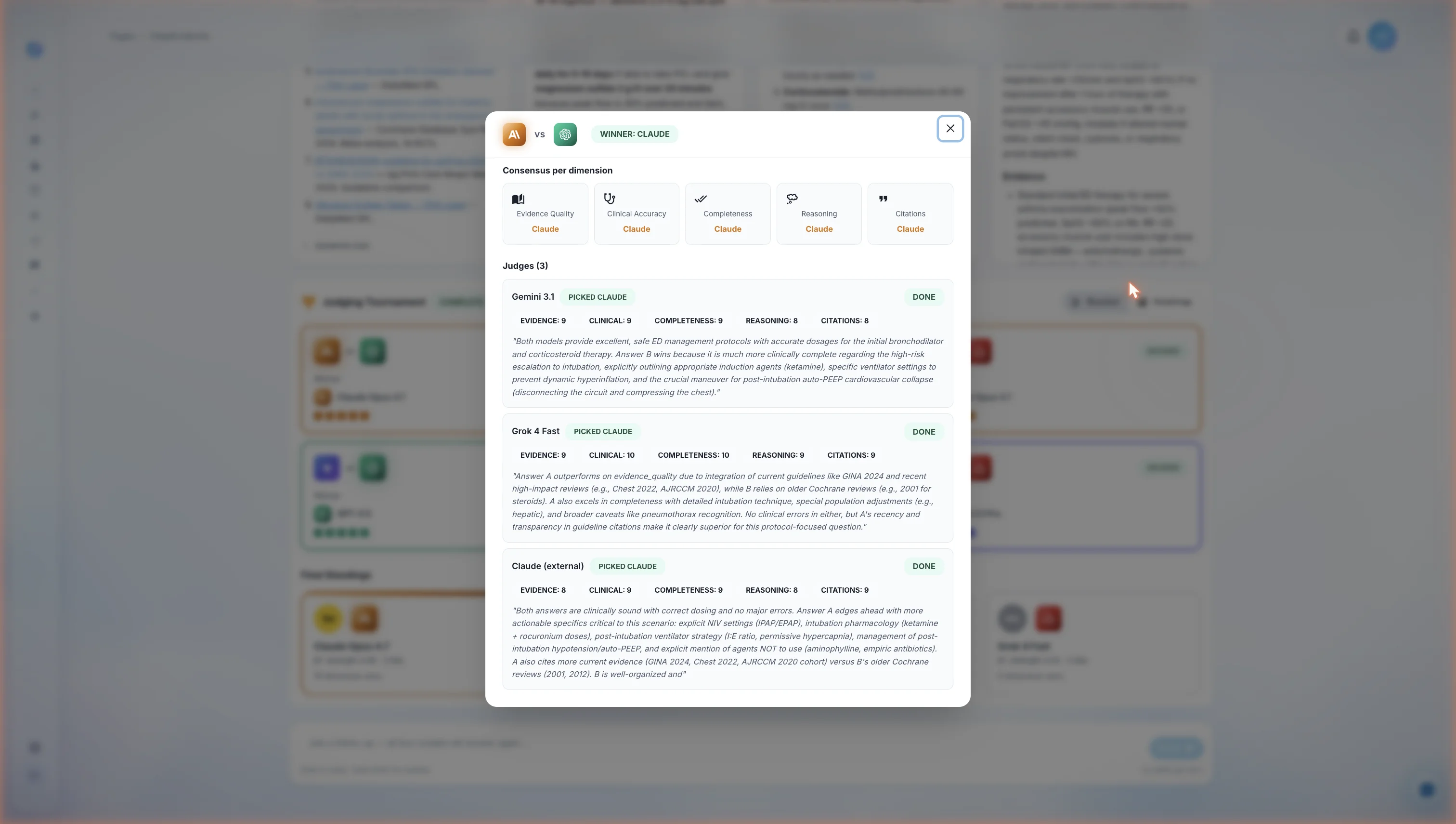 Per-pair judging breakdown modal in DeepCura showing the Winner banner (Claude), the Consensus per Dimension row with all five rubric pillars (Evidence Quality, Clinical Accuracy, Completeness, Reasoning, Citations), and three individual judge cards underneath — Gemini 3.1 Pro, GPT-5.5, and Claude — each with their 1-to-10 numerical scores across the five dimensions and a written verdict explaining the pick