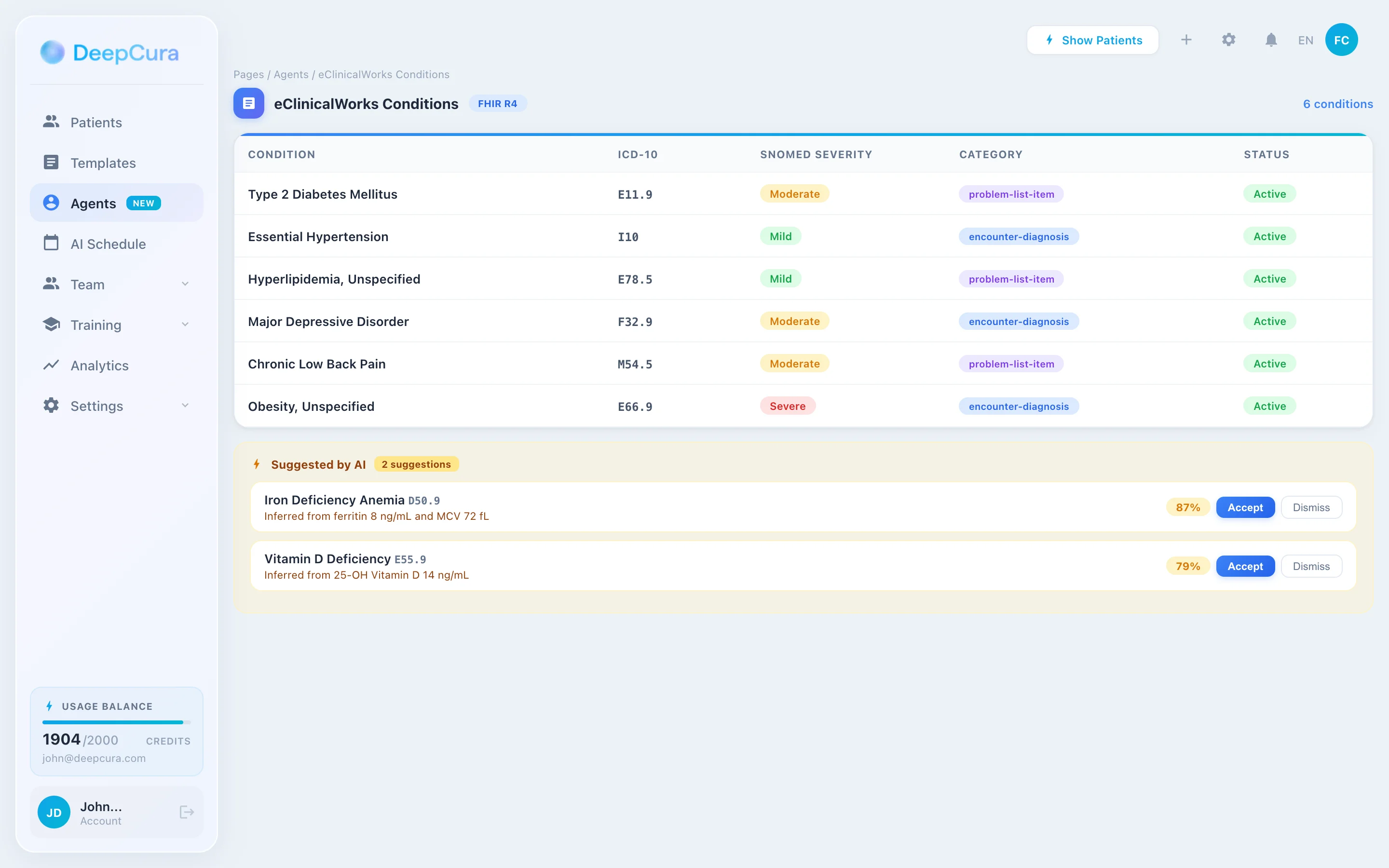 DeepCura Diagnosis Management — ICD-10 + SNOMED severity validation for eClinicalWorks
