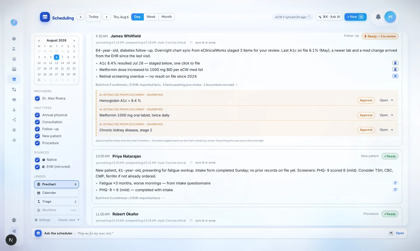 DeepCura prechart card with staged eClinicalWorks findings awaiting one-click approval — hemoglobin A1c result, medication change, and condition transition