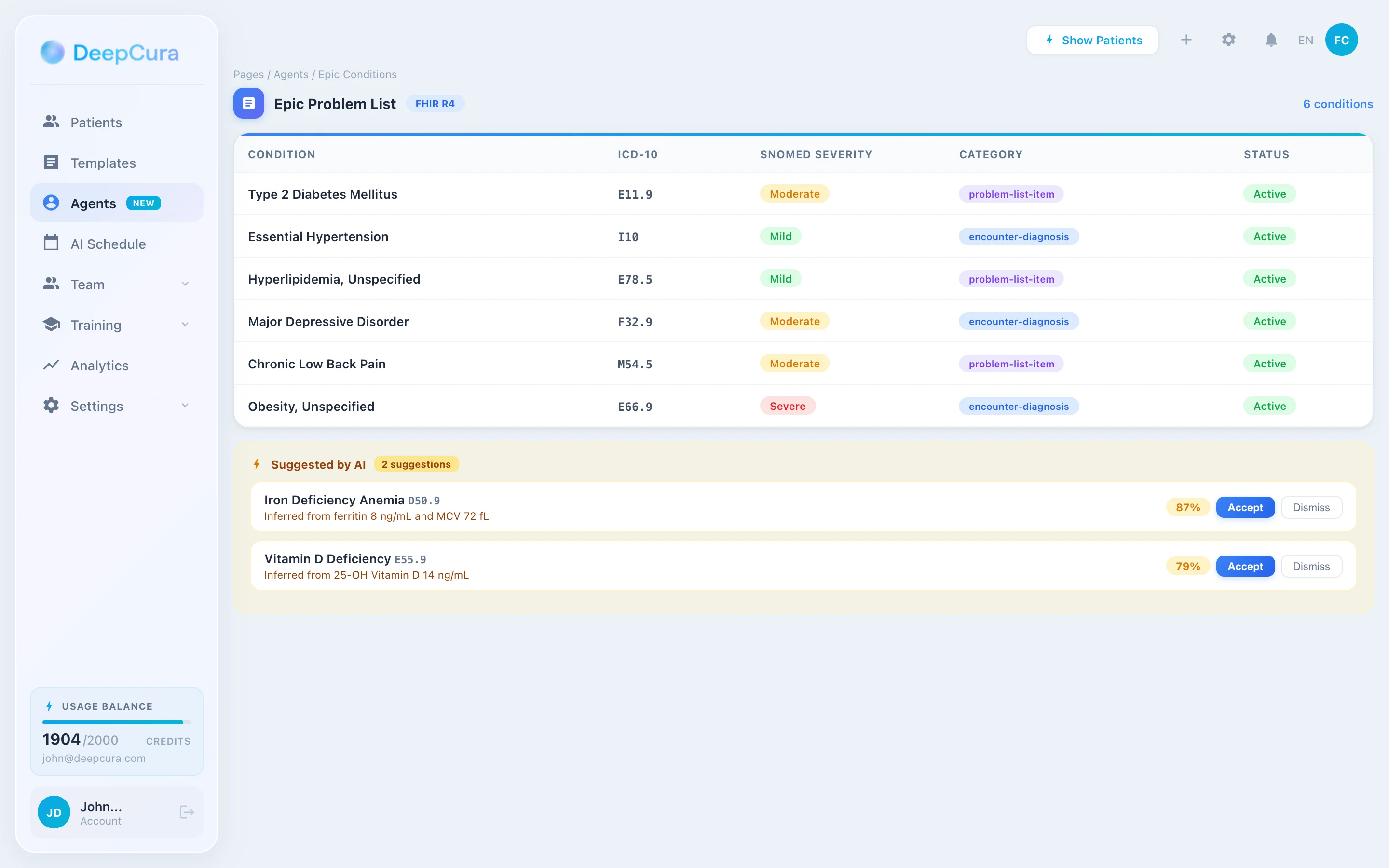 DeepCura diagnosis management panel with SNOMED and ICD-10 validation for Epic EHR