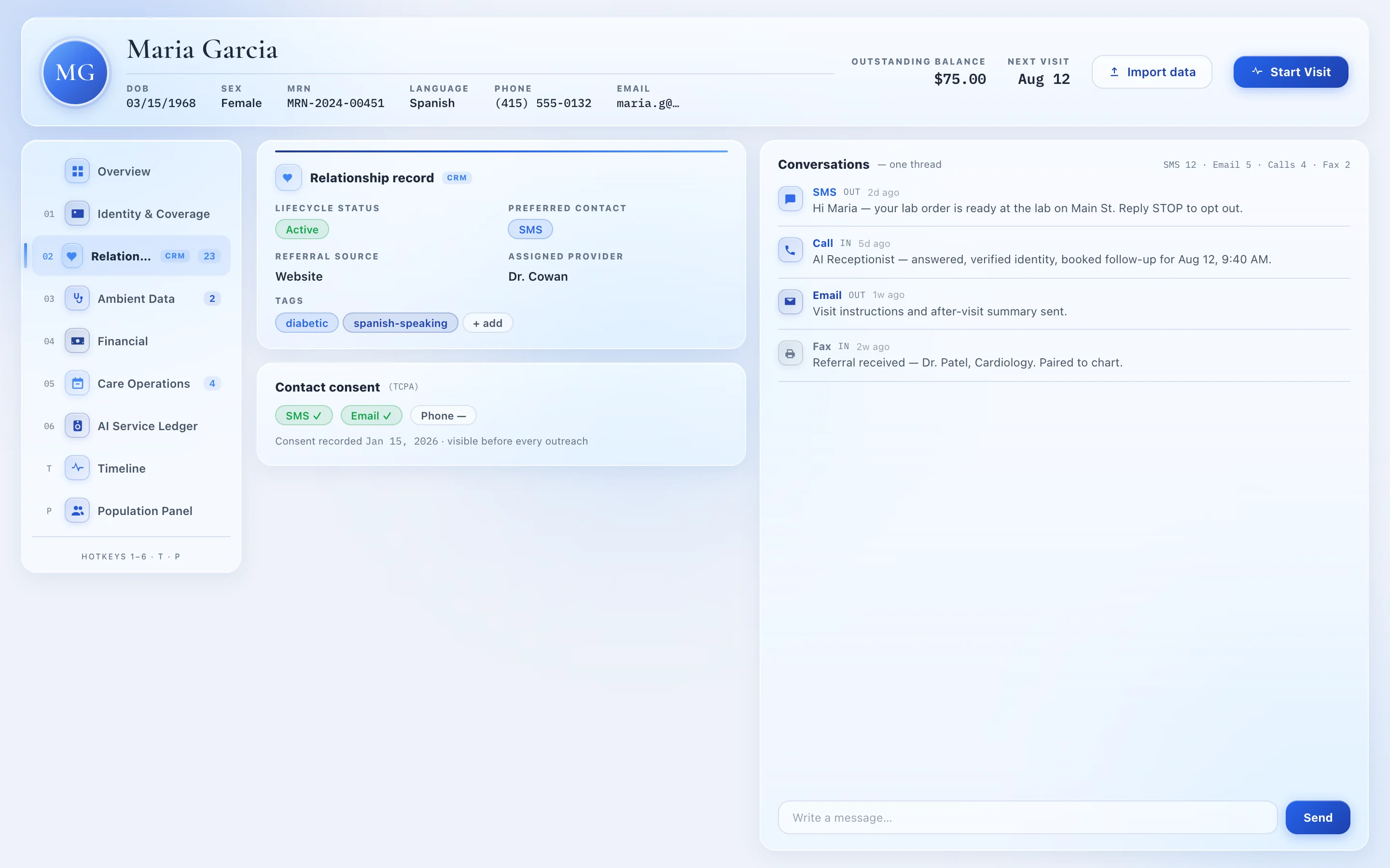 DeepCura Relationship lens showing healthcare CRM fields on the patient chart: lifecycle status, tags, referral source, preferred contact channel, TCPA consent, and a unified conversation thread