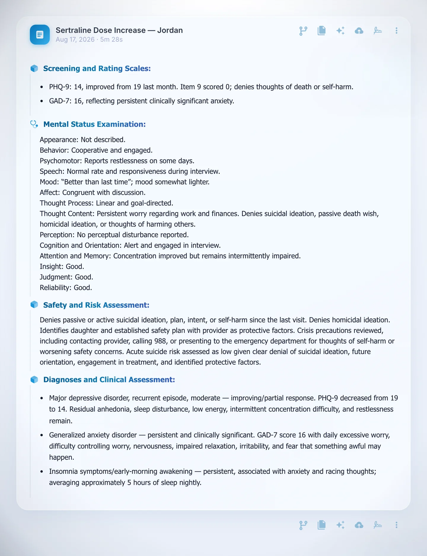 A DeepCura psychiatry note with a made-up patient &mdash; the Mental Status Exam as discrete fields and the risk assessment documented on its own