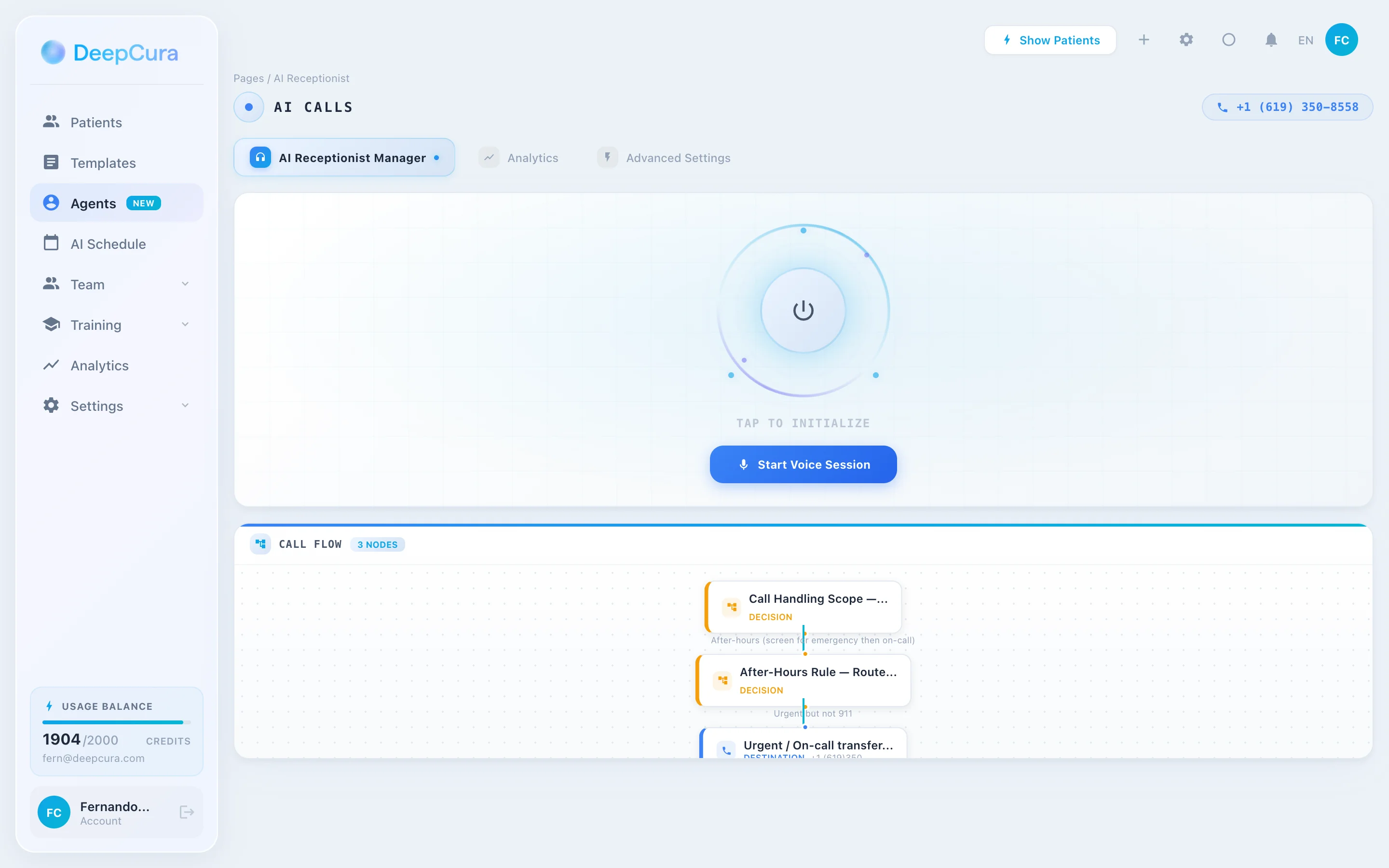 DeepCura AI Receptionist call dashboard