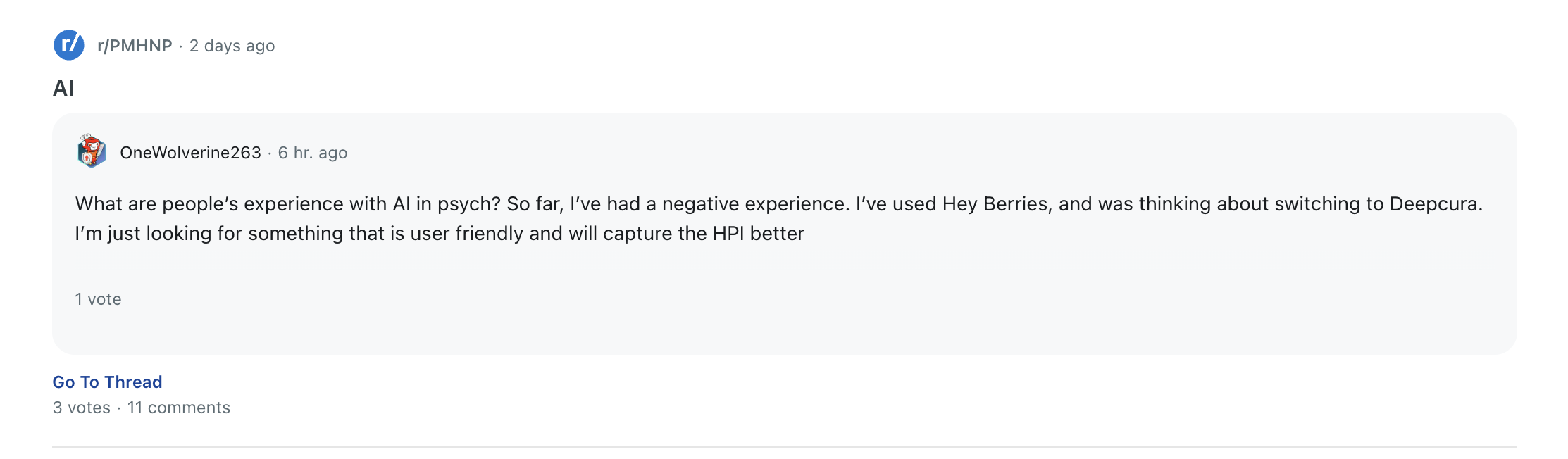 Reddit user in r/PMHNP considering switching to DeepCura from Hey Berries — "thinking about switching to Deepcura"